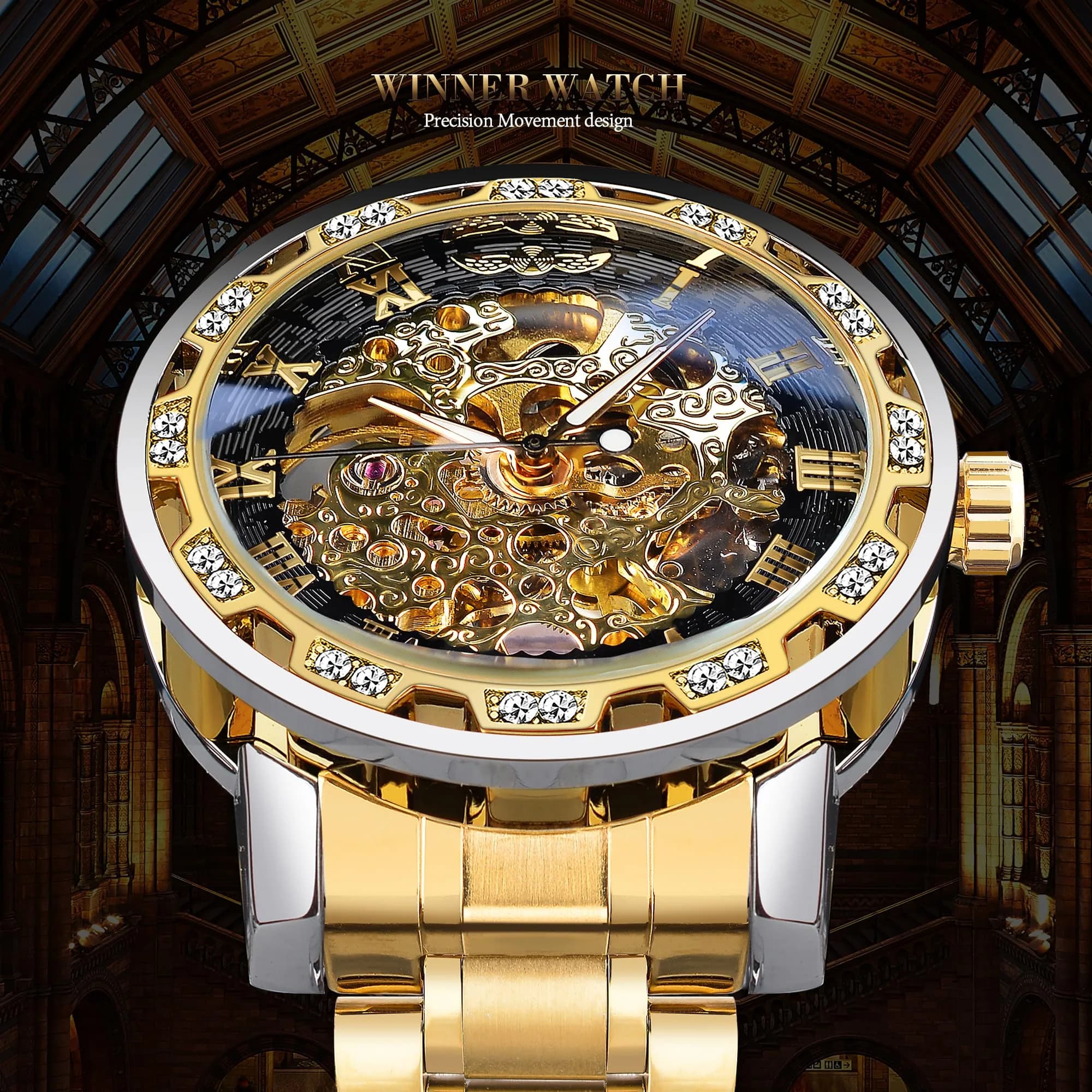 FORSINING Gold1 Retro Steampunk Skeleton Automatic Diamond Men's Luxury Mechanical Watch 45mm - view 2