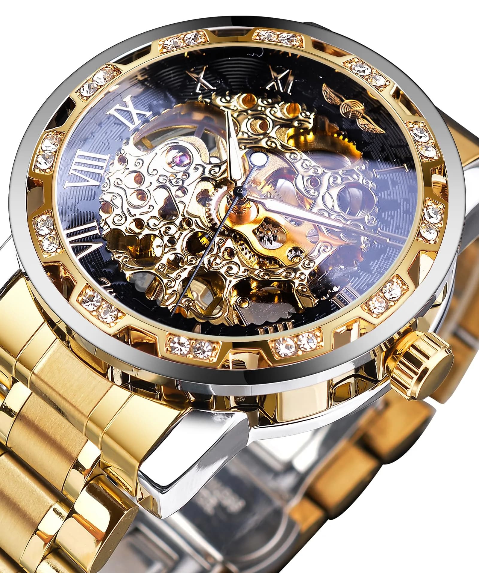FORSINING Gold1 Retro Steampunk Skeleton Automatic Diamond Men's Luxury Mechanical Watch 45mm - view 3