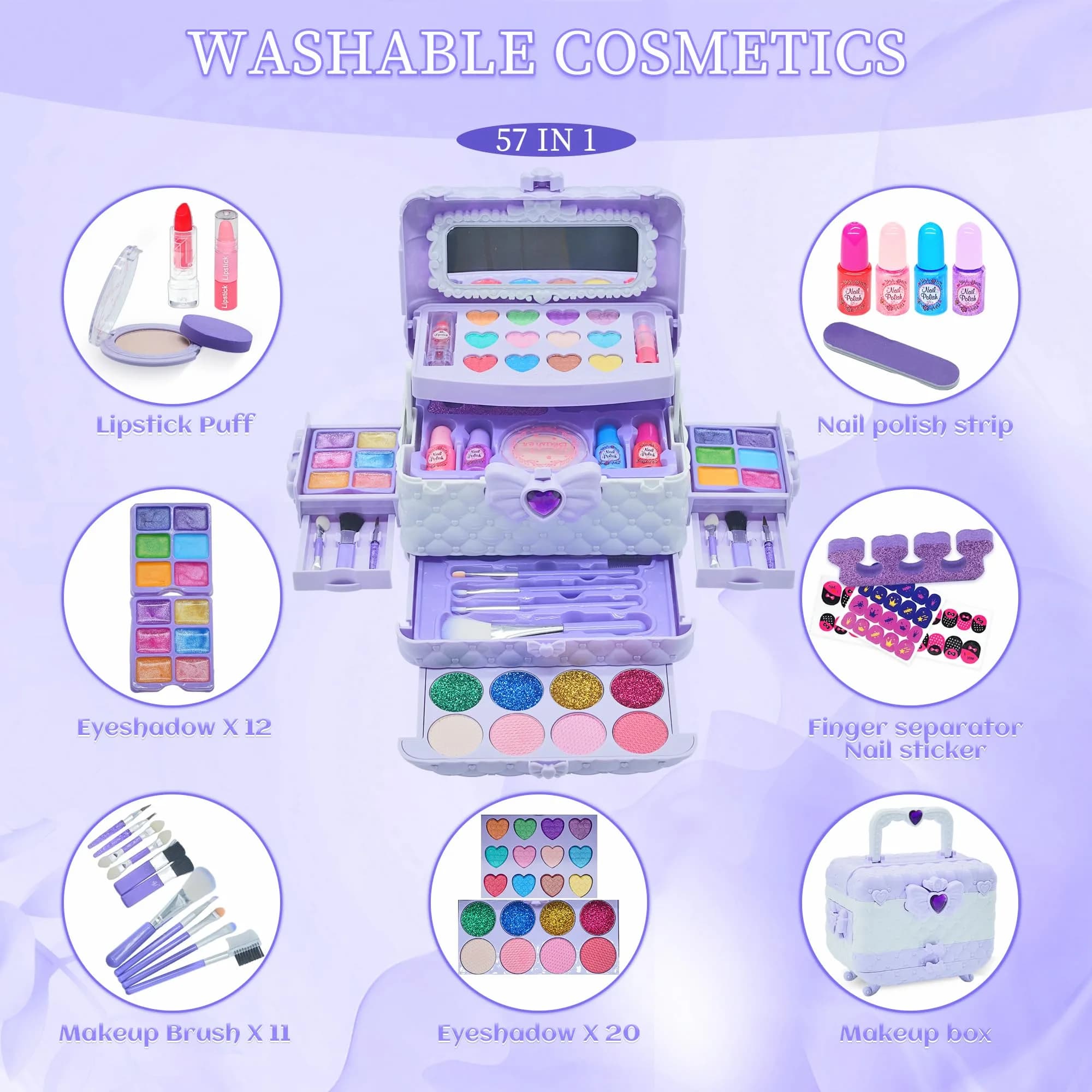 Mrabbitoo Kids Purple Makeup Set - 57 Pcs Washable Play Make Up Kit for Girls Aged 5-8 - view 3