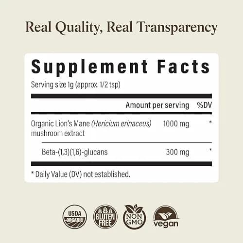 Real Mushrooms Lion's Mane Extract Powder 150 Servings | Organic Adaptogen for Focus & Clarity thumbnail 9