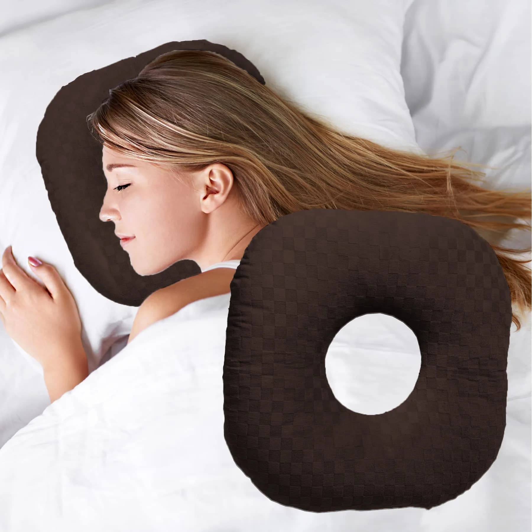 Wuronsa Dark Brown Ear Piercing Pillow with Hole - Adjustable Cotton for Side Sleepers - main product image