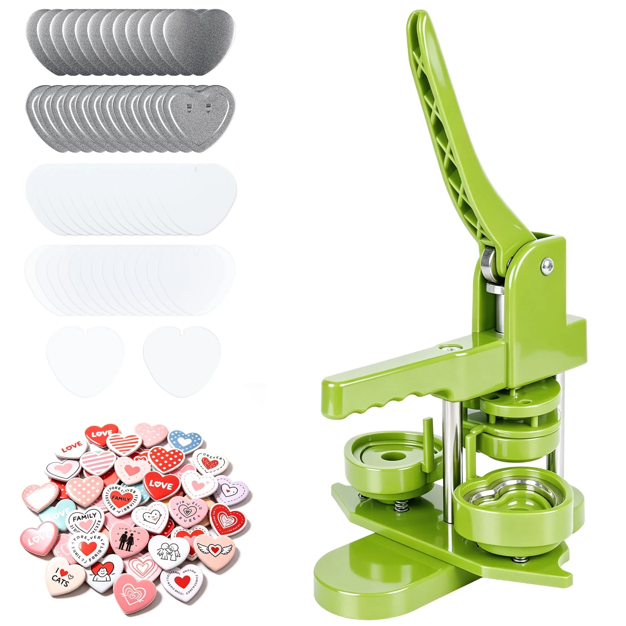 MK.Bear Heart Button Maker Machine DIY Gift, 100 Sets Supplies, Green | Easy to Use, Durable Plastic, Perfect for DIY Crafts