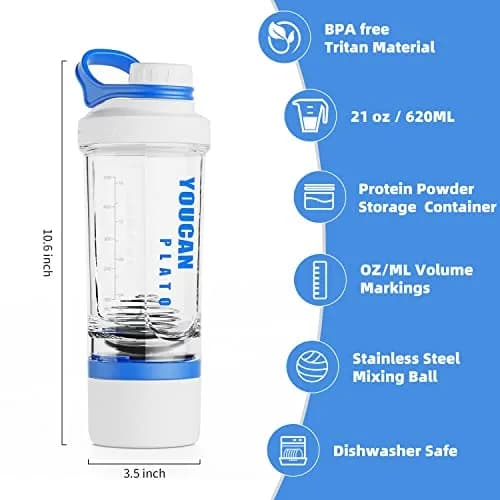 youcanplato 21oz Protein Shaker Bottle with Powder Storage, BPA-Free Tritan, Blue thumbnail 3