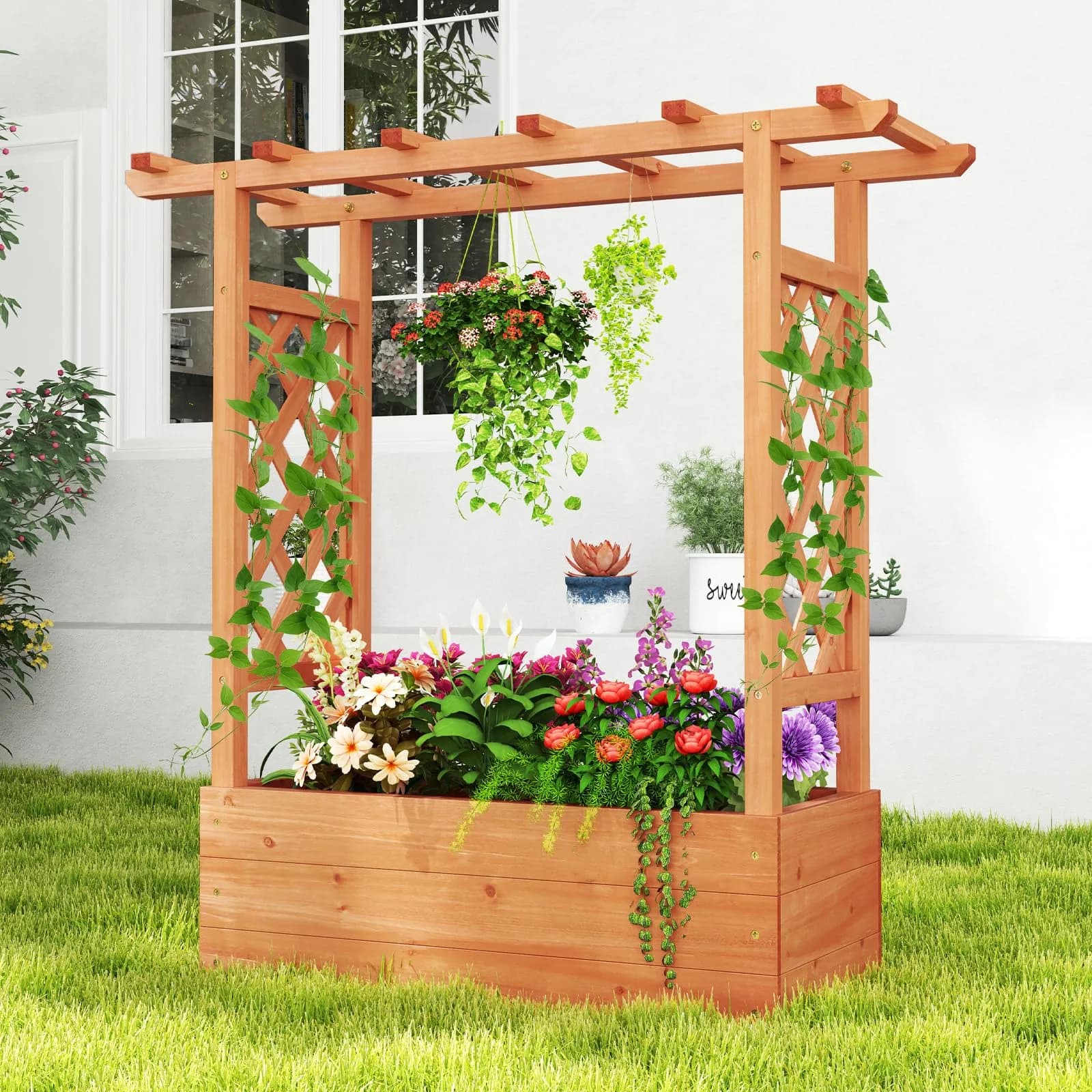 HAPPYGRILL Raised Garden Bed with Trellis & Hanging Roof | Durable Fir Wood, 43.5"L x 17.5"W x 44.5"H, Orange