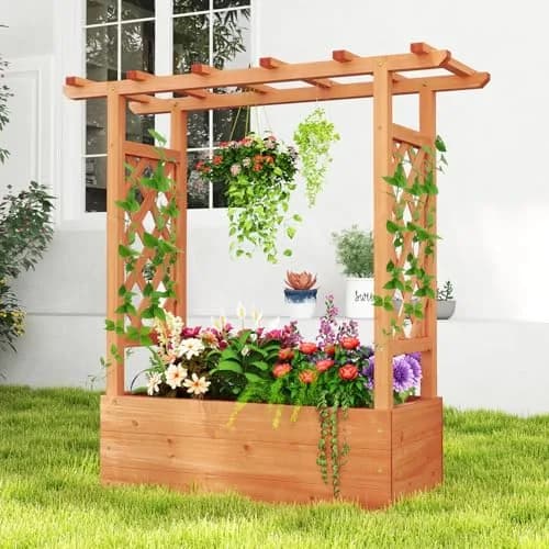 HAPPYGRILL Raised Garden Bed with Trellis & Hanging Roof | Durable Fir Wood, 43.5"L x 17.5"W x 44.5"H, Orange thumbnail 1