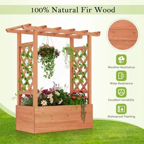 HAPPYGRILL Raised Garden Bed with Trellis & Hanging Roof | Durable Fir Wood, 43.5"L x 17.5"W x 44.5"H, Orange thumbnail 4
