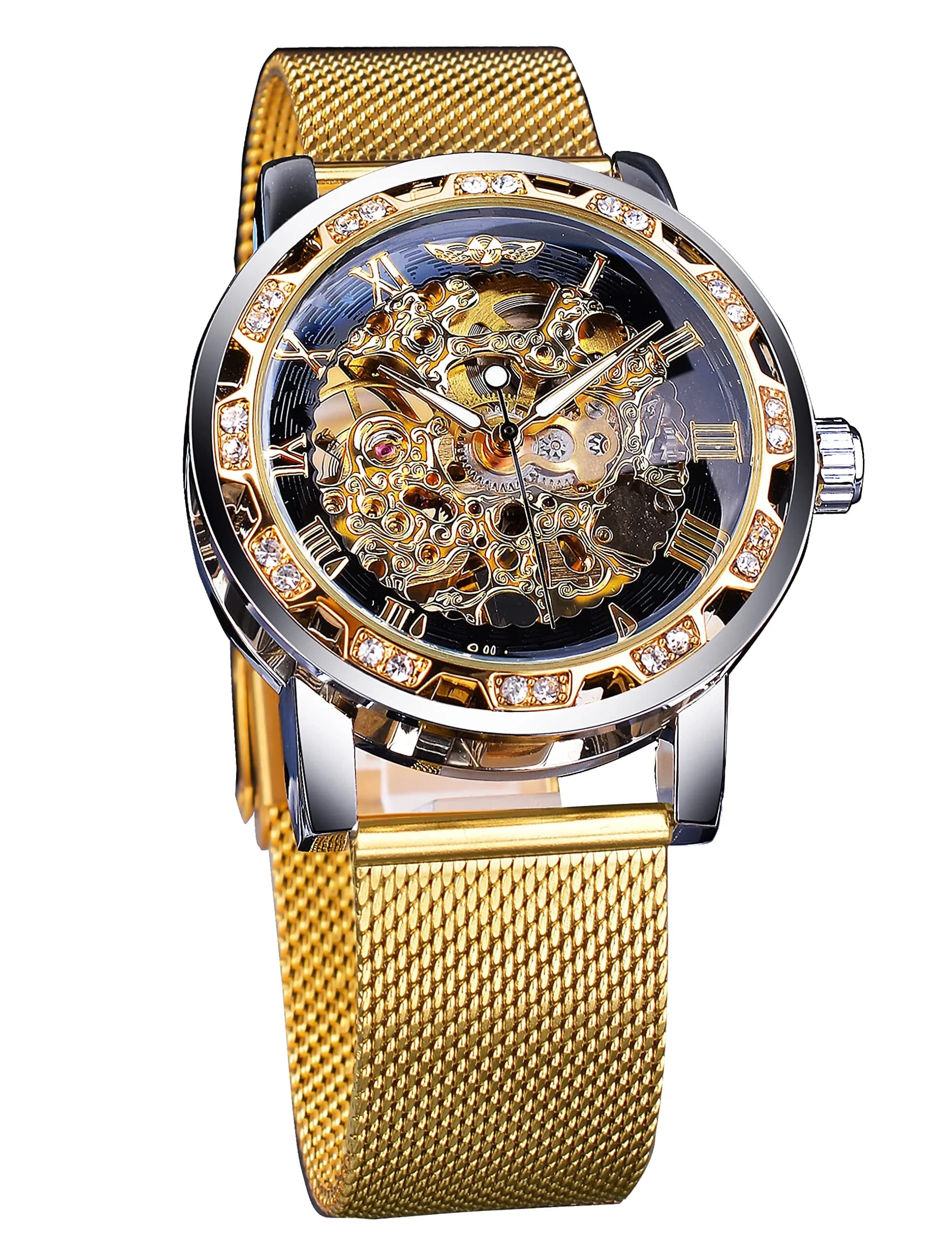 FORSINING Gold-W Retro Steampunk Skeleton Automatic Diamond Men's Luxury Mechanical Wrist Watch 45mm - main product image