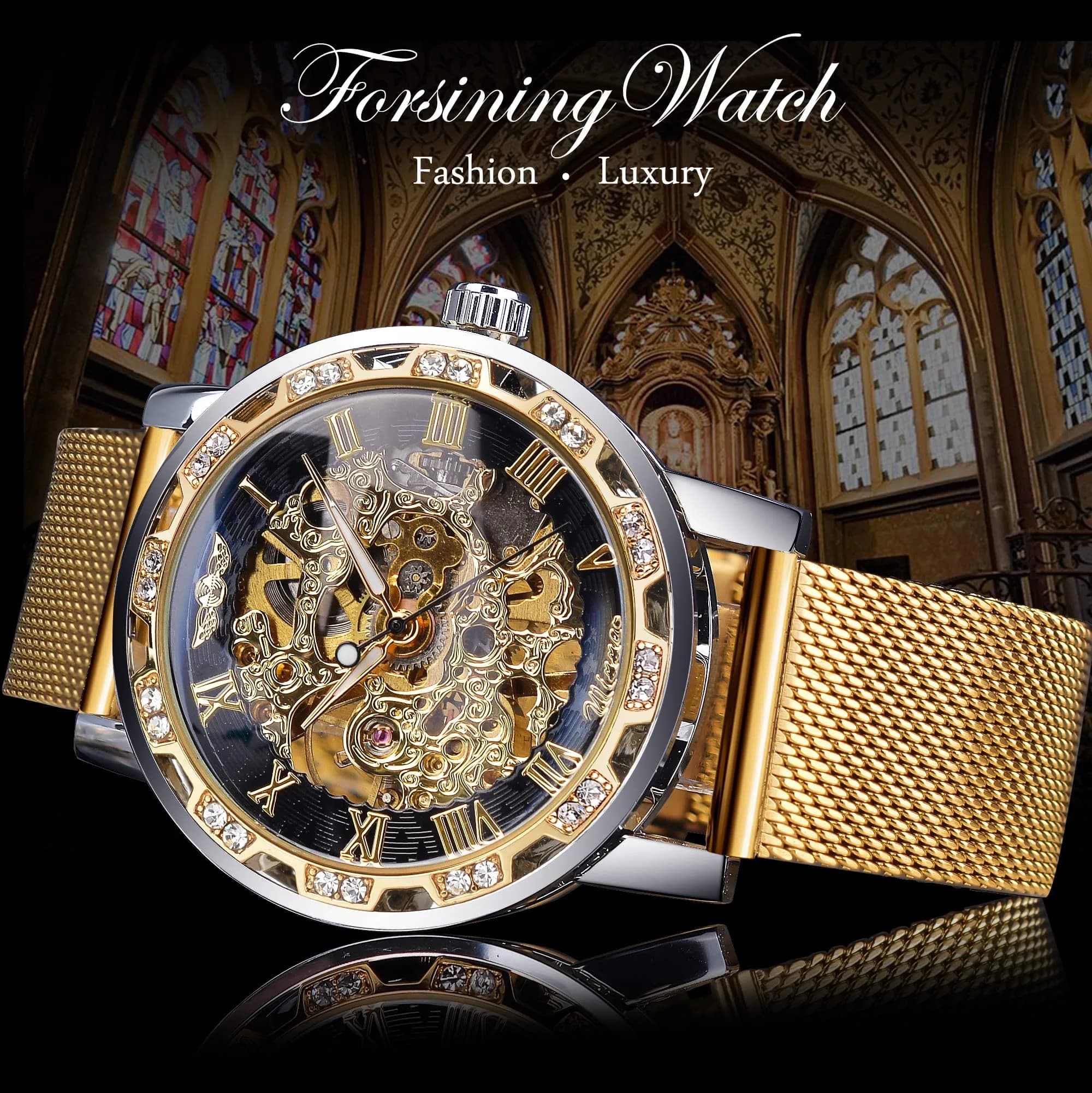 FORSINING Gold-W Retro Steampunk Skeleton Automatic Diamond Men's Luxury Mechanical Wrist Watch 45mm - view 2