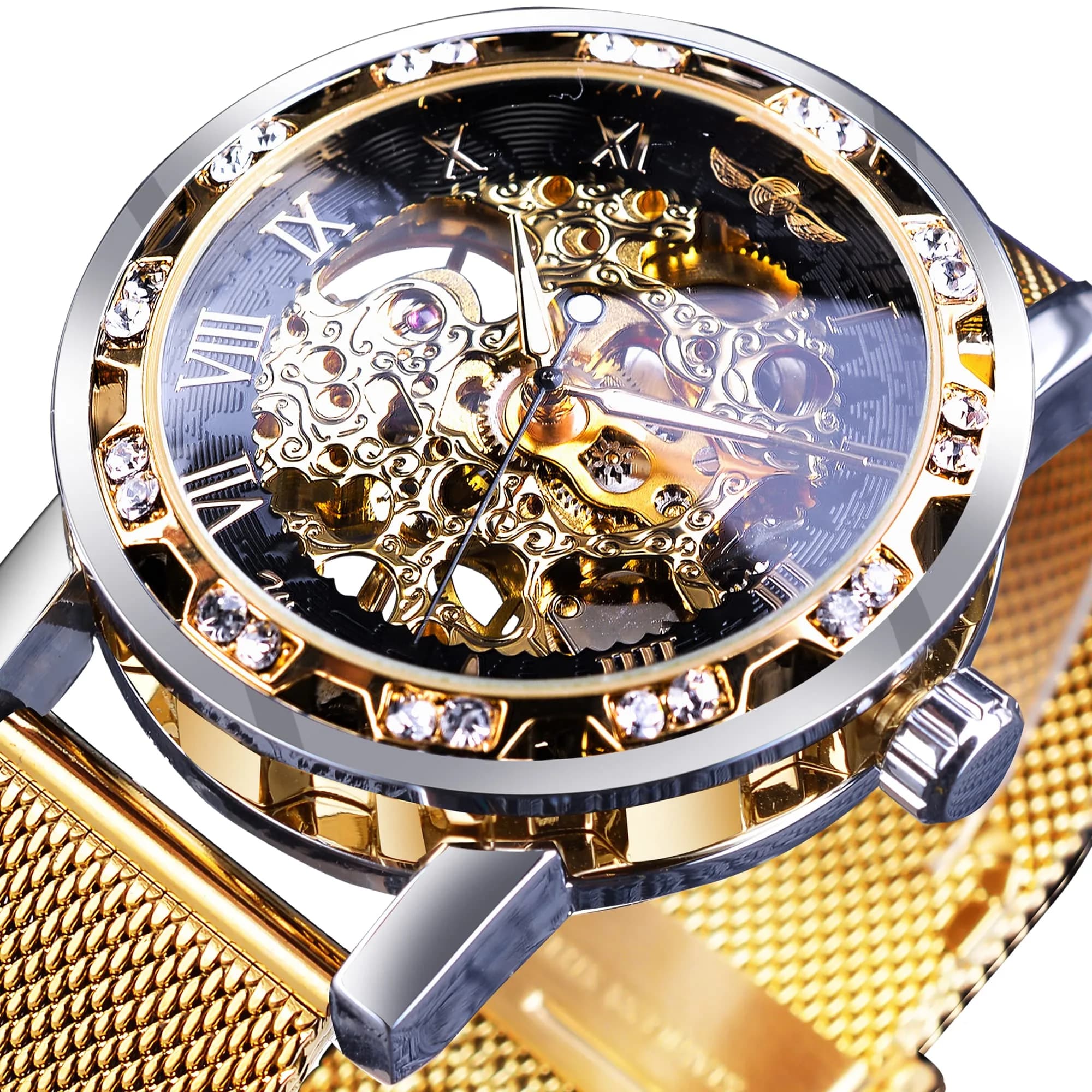 FORSINING Gold-W Retro Steampunk Skeleton Automatic Diamond Men's Luxury Mechanical Wrist Watch 45mm - view 3