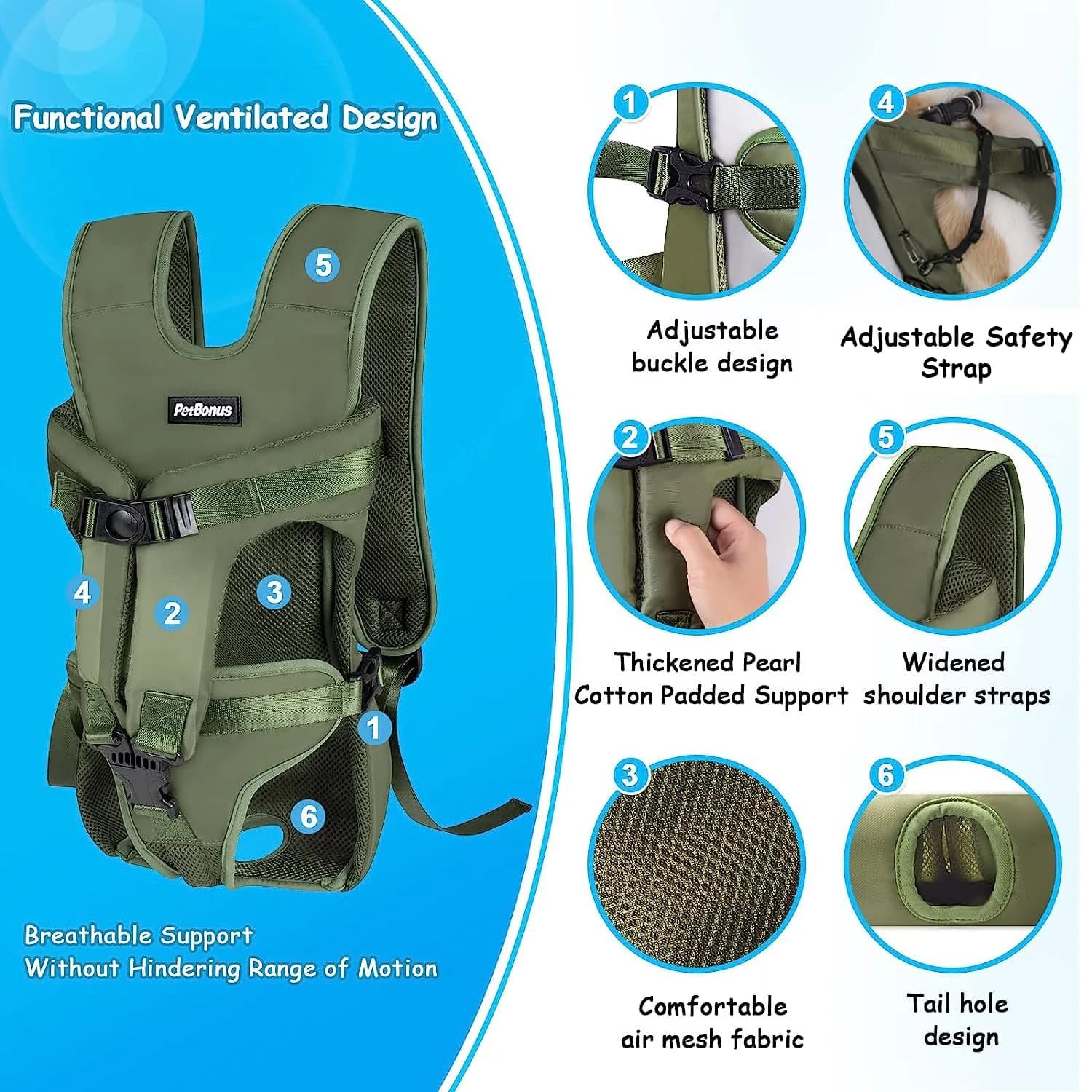 PetBonus Light Blue Medium Dog Carrier Backpack | Hands-Free Hiking Cycling Travel - view 2