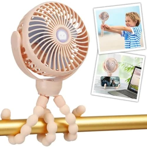 snawowo Mini Portable Baby Stroller Fan, Pink | Rechargeable 5200mAh, 360° Rotation, Safe for Baby Fingers thumbnail 1