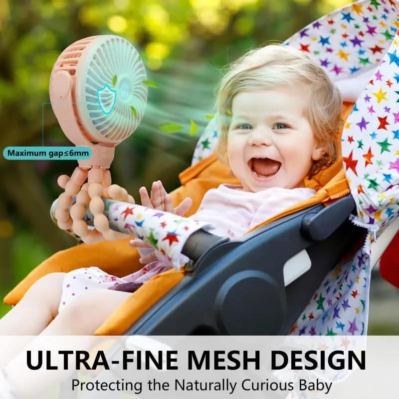 snawowo Mini Portable Baby Stroller Fan, Pink | Rechargeable 5200mAh, 360° Rotation, Safe for Baby Fingers thumbnail 4