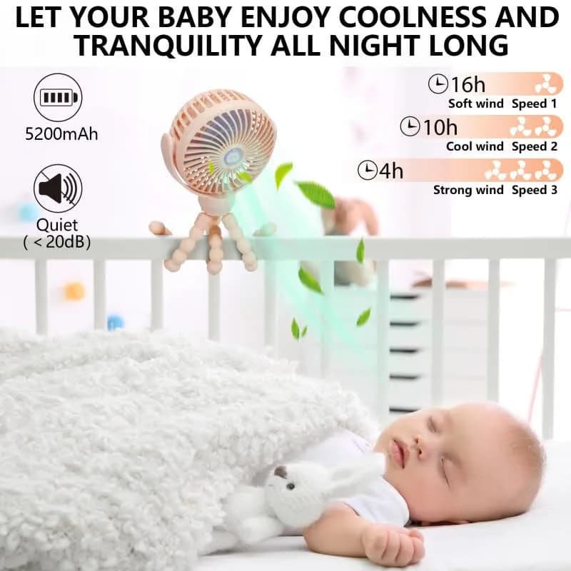 snawowo Mini Portable Baby Stroller Fan, Pink | Rechargeable 5200mAh, 360° Rotation, Safe for Baby Fingers thumbnail 7