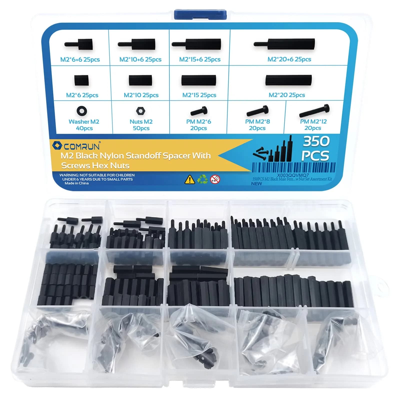 COMRUN M2 Black Nylon Hex Spacer Standoff Screw Nut Set Assortment Kit 350PCS | For PCB Motherboard Circuit Board - main product image