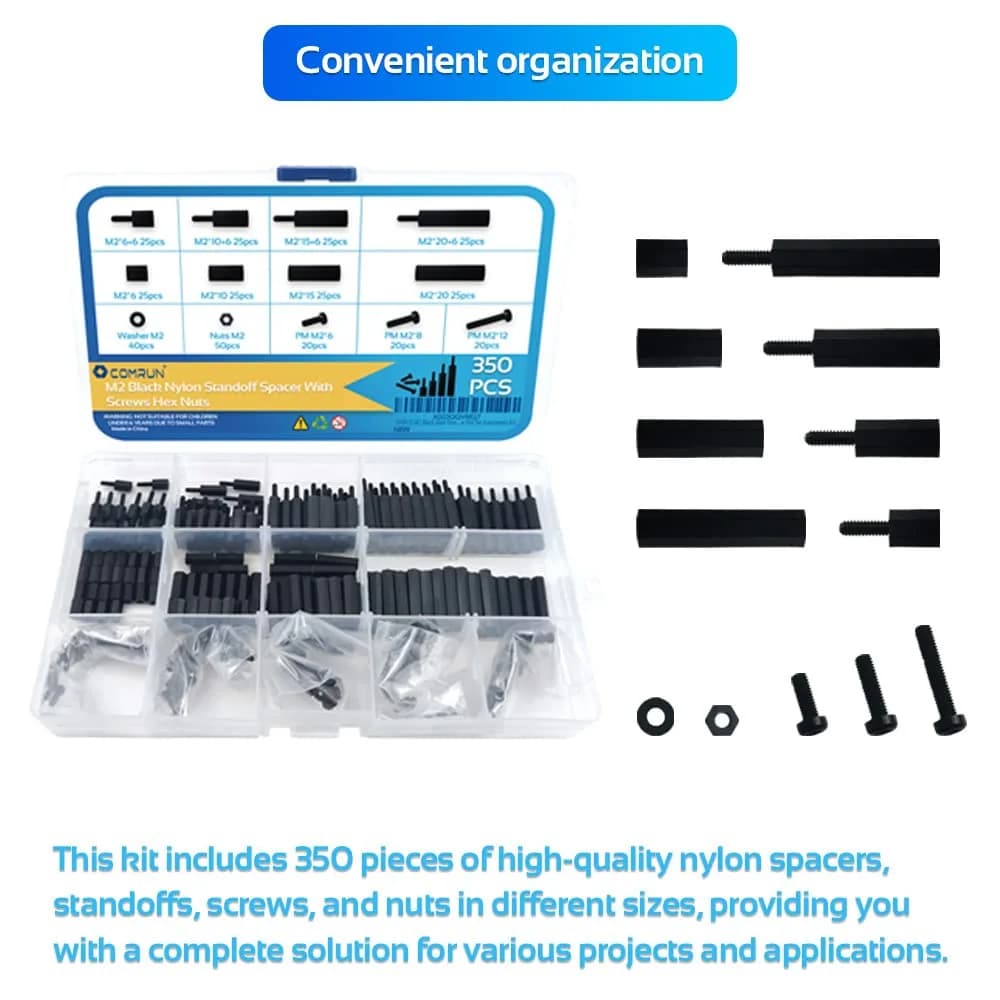 COMRUN M2 Black Nylon Hex Spacer Standoff Screw Nut Set Assortment Kit 350PCS | For PCB Motherboard Circuit Board - view 5