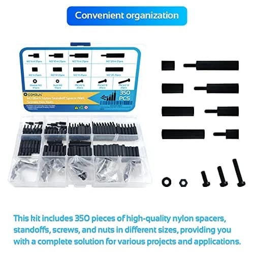 COMRUN M2 Black Nylon Hex Spacer Standoff Screw Nut Set Assortment Kit 350PCS | For PCB Motherboard Circuit Board thumbnail 5