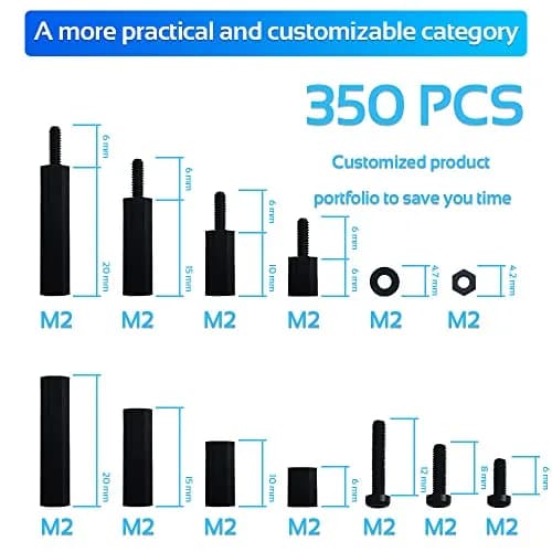 COMRUN M2 Black Nylon Hex Spacer Standoff Screw Nut Set Assortment Kit 350PCS | For PCB Motherboard Circuit Board thumbnail 2