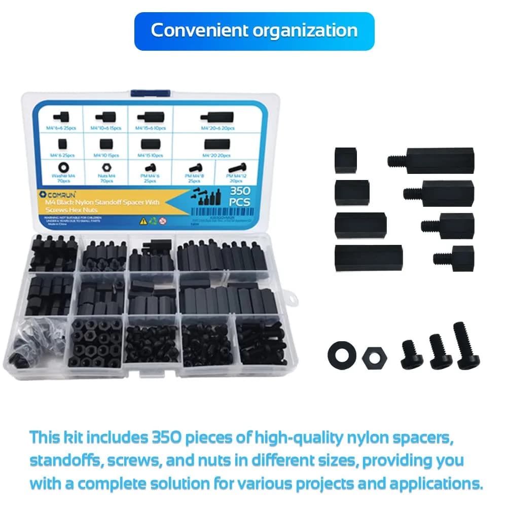 COMRUN M4 Black Nylon Hex Spacer Standoff Screw Nut Set Assortment Kit (350 Pieces, Black) | For PCB Motherboards & Electronics - view 5