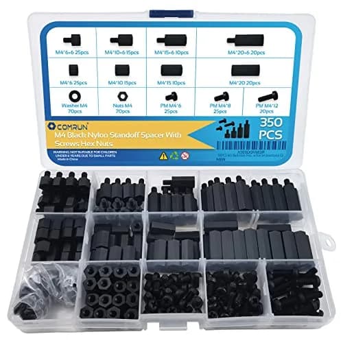 COMRUN M4 Black Nylon Hex Spacer Standoff Screw Nut Set Assortment Kit (350 Pieces, Black) | For PCB Motherboards & Electronics thumbnail 1