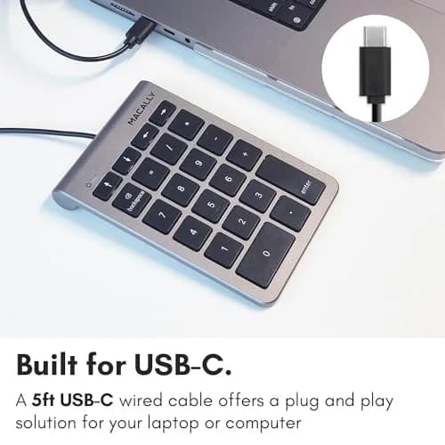 Macally USB-C Wired Number Pad for Mac & PC - 22 Full-Size Keys, Slim Portable Numpad with Tactile Feedback | 22-Key USB Keypad with 5ft Cable thumbnail 2