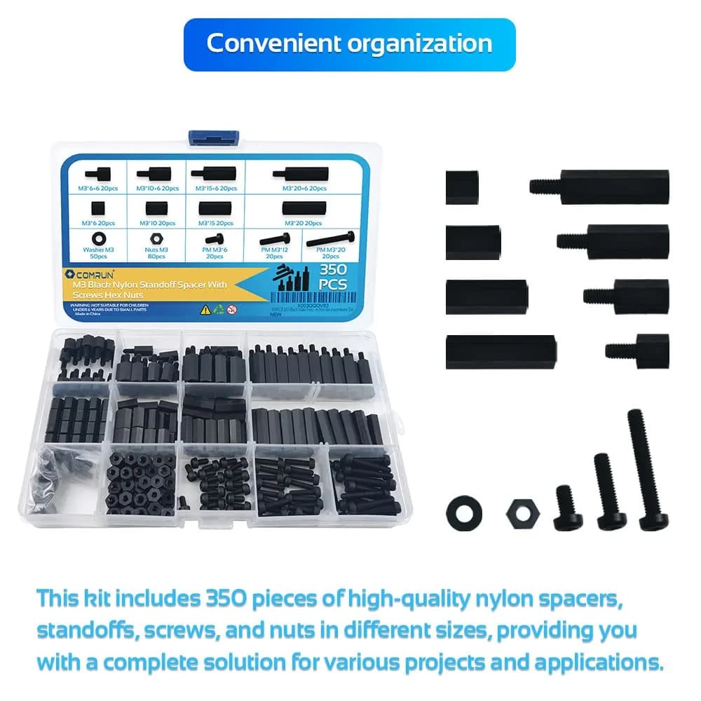 COMRUN M3 Black Male Female Nylon Hex Spacer Standoff Screw Nut Set Assortment Kit (350PCS) | For PCB Motherboard Circuit Board - view 5