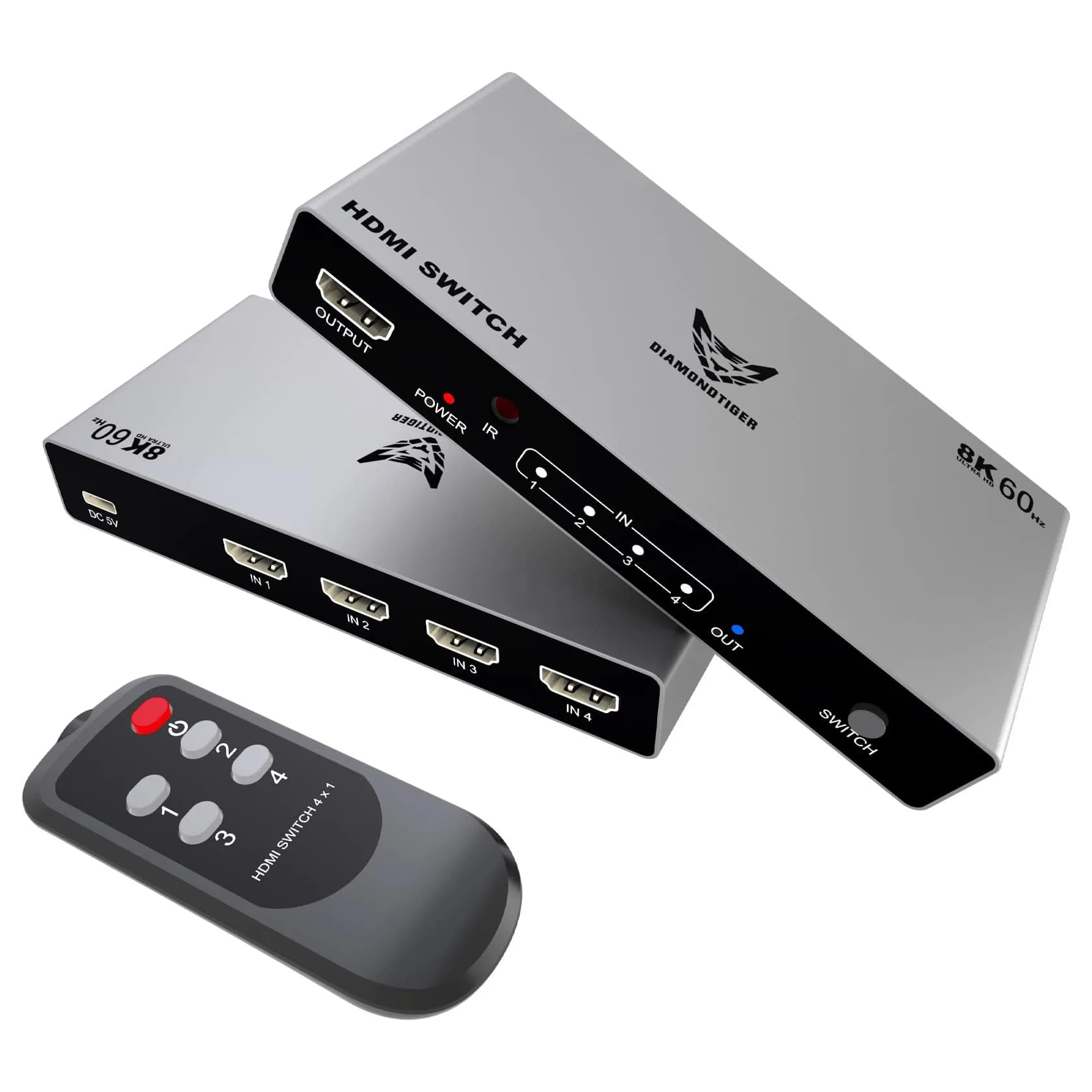 DiamondTiger 8K HDMI 2.1 Switch 4 in 1 Out | 8K@60Hz, 4K@120Hz, VRR, Dolby Vision, Aluminum Shell