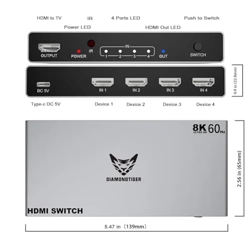 DiamondTiger 8K HDMI 2.1 Switch 4 in 1 Out | 8K@60Hz, 4K@120Hz, VRR, Dolby Vision, Aluminum Shell thumbnail 2