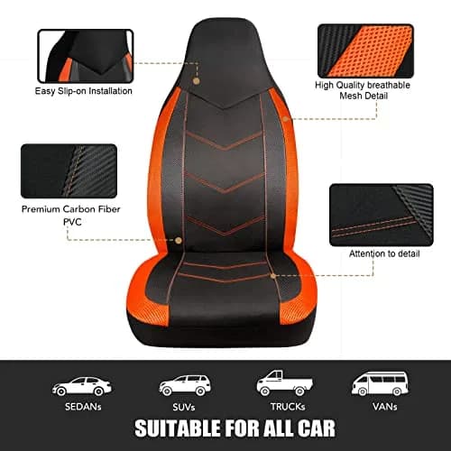 PIC AUTO High Back Front Car Seat Covers - Sports Carbon Fiber Mesh Design, Two Front Set, Airbag Compatible, Universal Fit (Orange) thumbnail 5