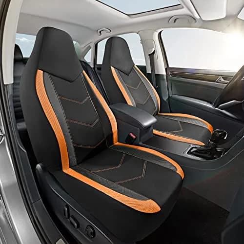 PIC AUTO High Back Front Car Seat Covers - Sports Carbon Fiber Mesh Design, Two Front Set, Airbag Compatible, Universal Fit (Orange) thumbnail 2