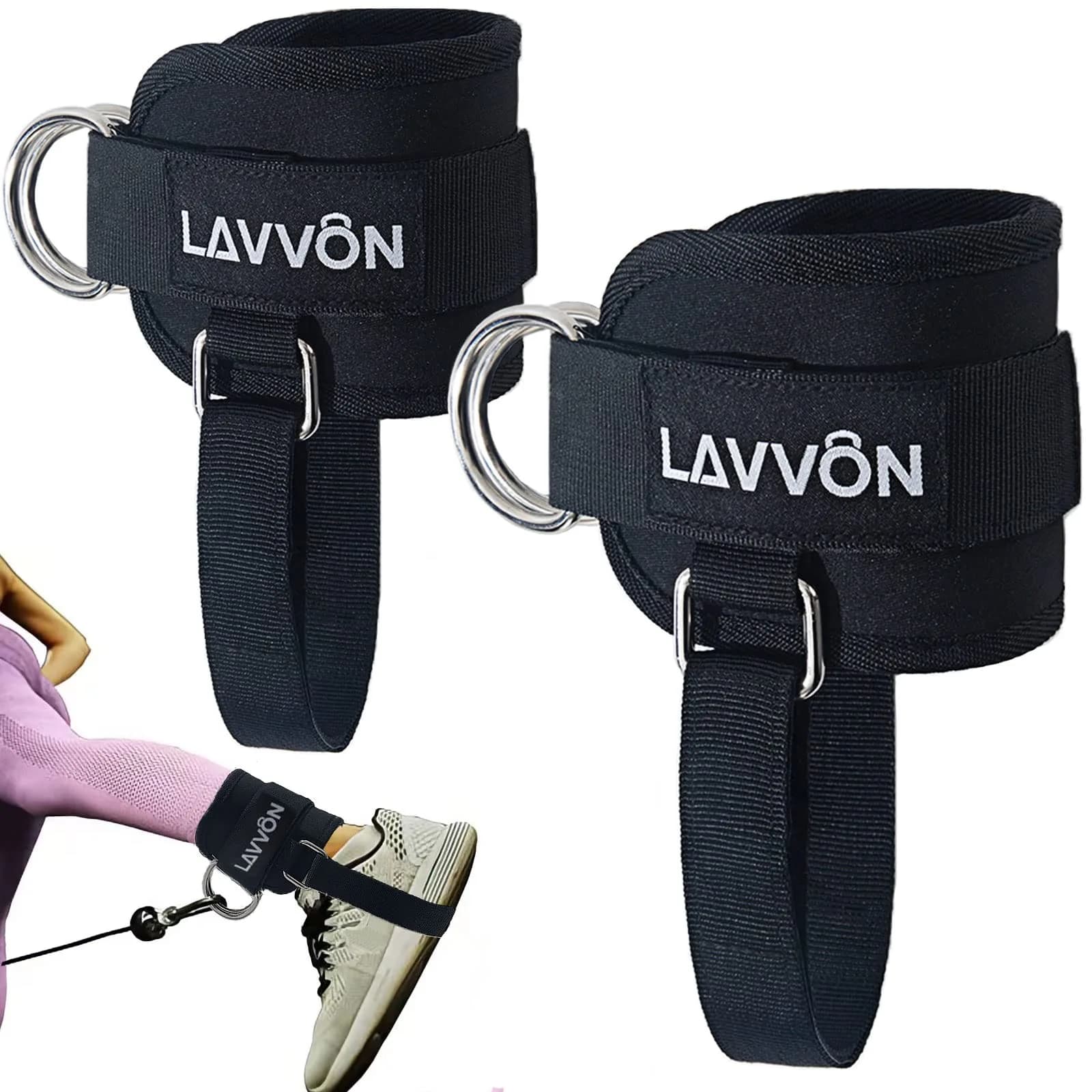 LAVVON Padded Ankle Straps for Cable Machines - Glute Workout Cuffs (2-Pack, Black) | Upgrade Stability for Lower Body Workouts - main product image