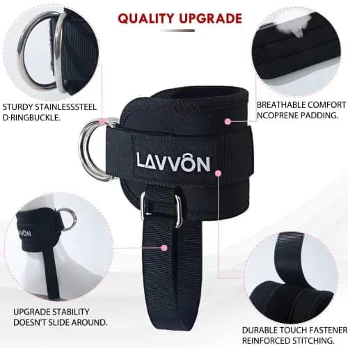 LAVVON Padded Ankle Straps for Cable Machines - Glute Workout Cuffs (2-Pack, Black) | Upgrade Stability for Lower Body Workouts thumbnail 3
