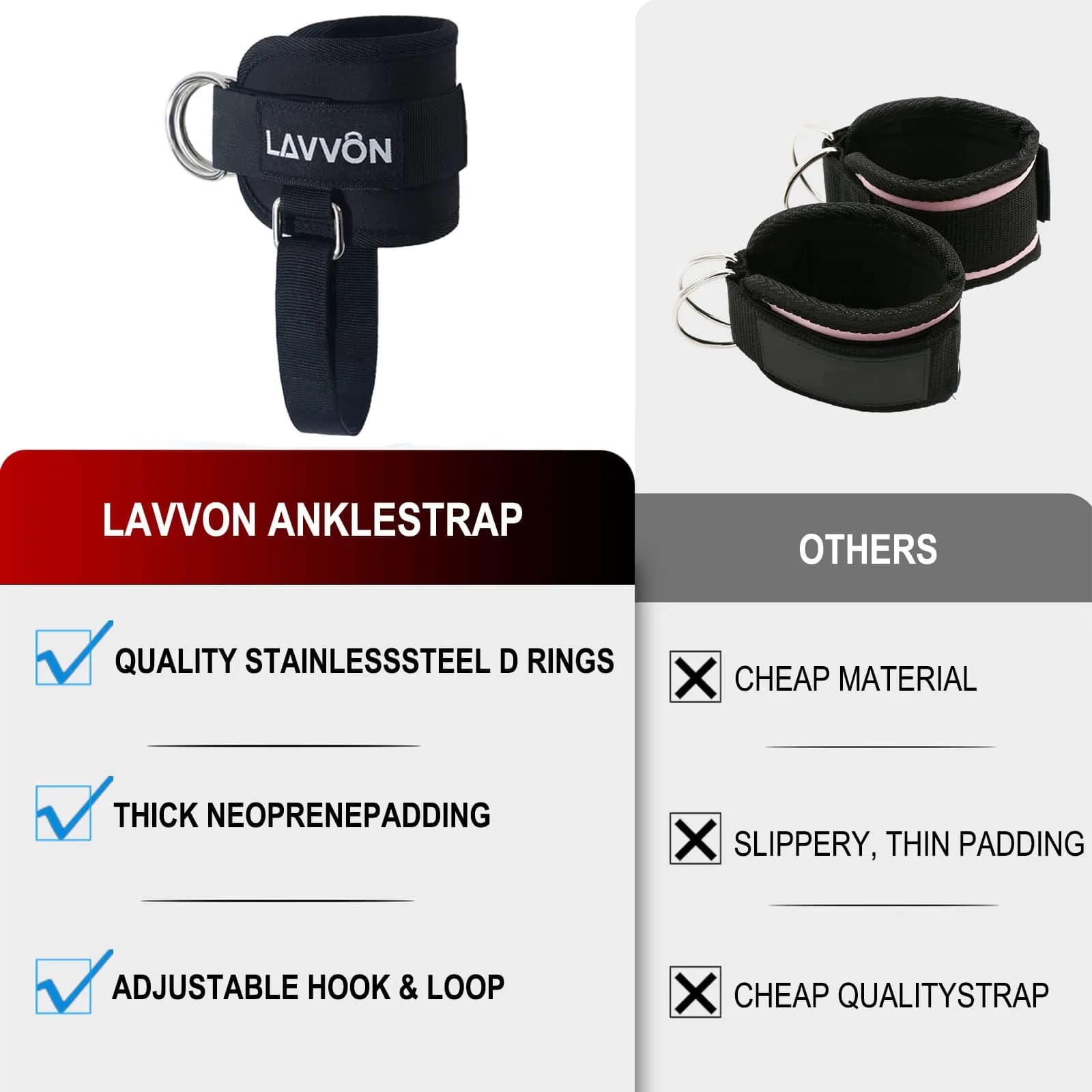 LAVVON Padded Ankle Straps for Cable Machines - Glute Workout Cuffs (2-Pack, Black) | Upgrade Stability for Lower Body Workouts - view 4
