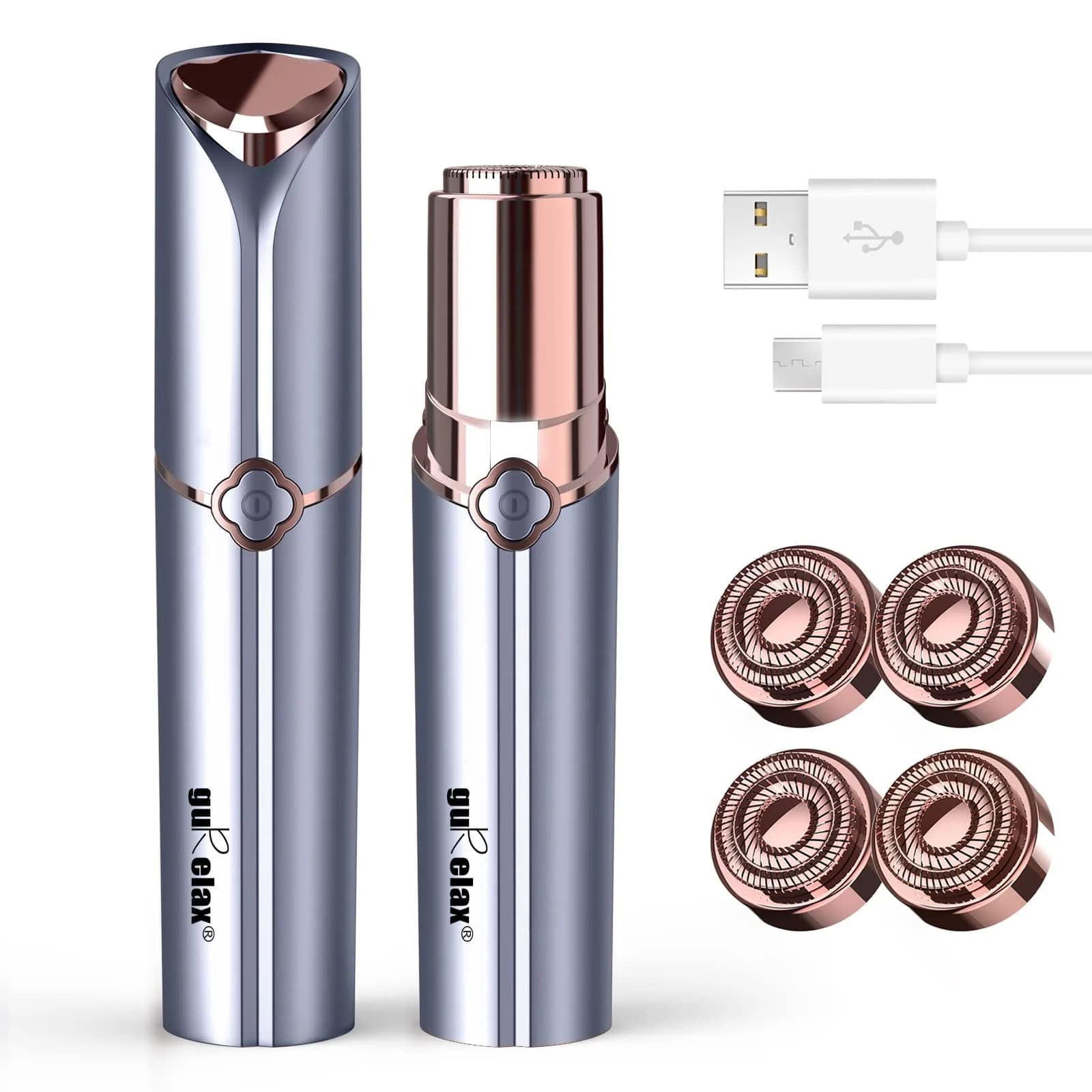 Gurelax Facial Hair Removal for Women - Painless Electric Face Shaver with 2 Replacement Heads | Rechargeable Pink Device — Blue