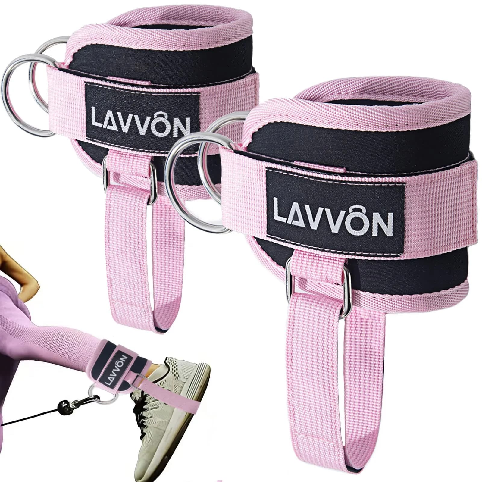 LAVVON Padded Ankle Straps for Cable Machines - Glute Kickback Workout Cuffs (Pink, 1 Pair)