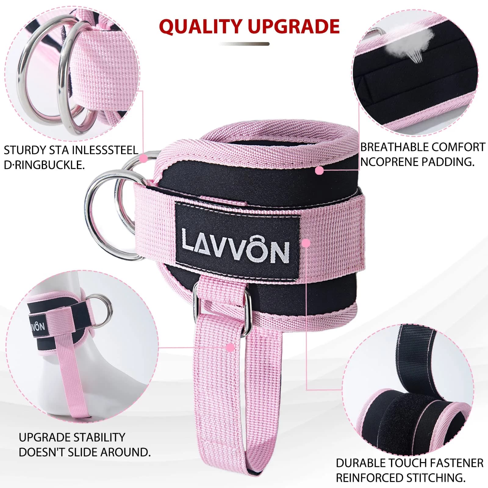LAVVON Padded Ankle Straps for Cable Machines - Glute Kickback Workout Cuffs (Pink, 1 Pair) - view 3