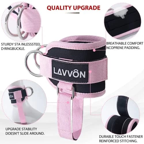 LAVVON Padded Ankle Straps for Cable Machines - Glute Kickback Workout Cuffs (Pink, 1 Pair) thumbnail 3