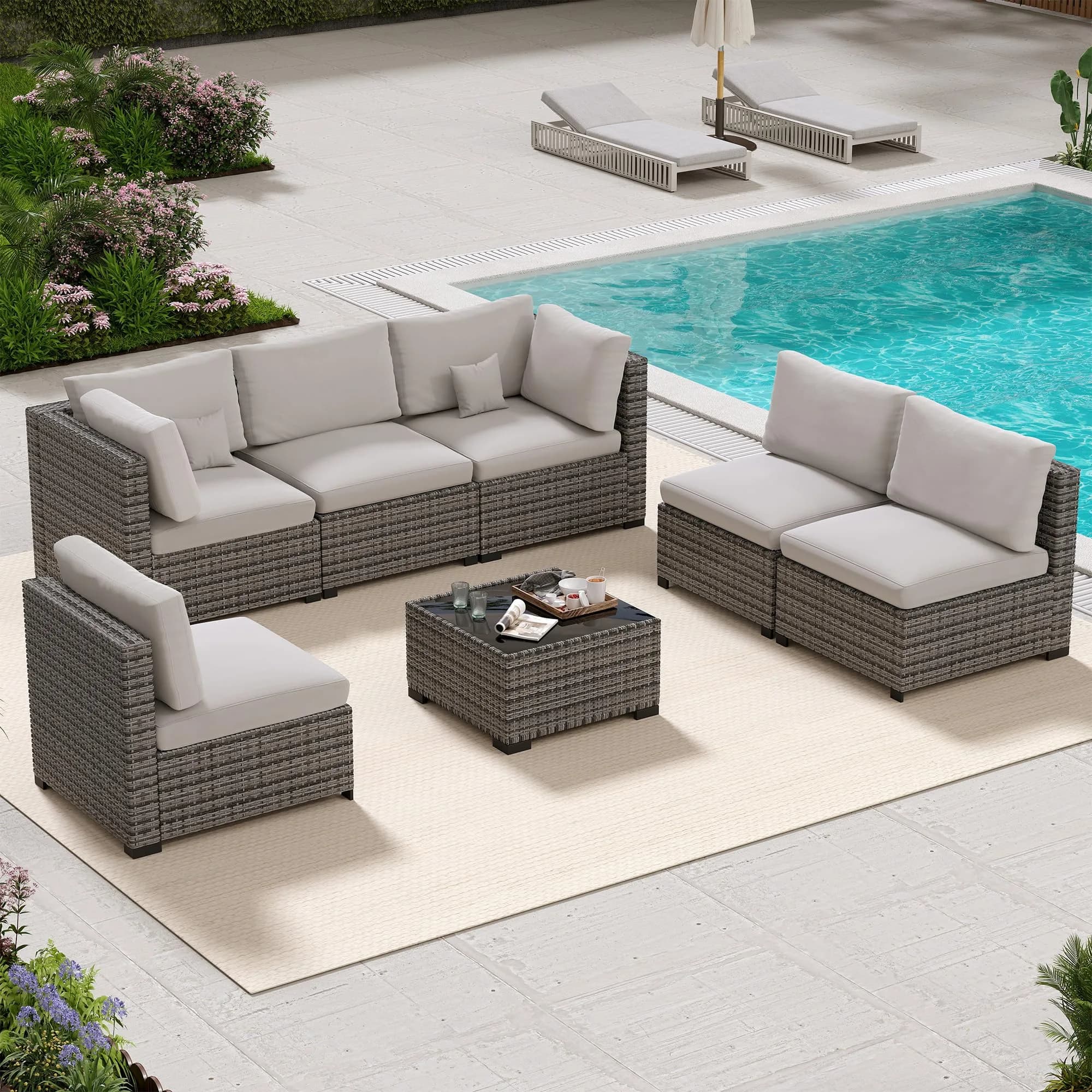 LHBcraft 7 Piece Patio Outdoor Furniture Set | All-Weather Wicker Sectional with Grey Cushions & Glass Coffee Table