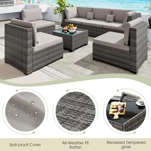 LHBcraft 7 Piece Patio Outdoor Furniture Set | All-Weather Wicker Sectional with Grey Cushions & Glass Coffee Table thumbnail 4