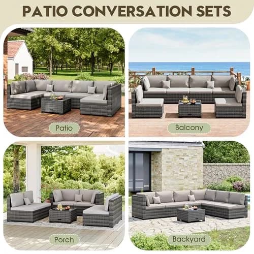 LHBcraft 7 Piece Patio Outdoor Furniture Set | All-Weather Wicker Sectional with Grey Cushions & Glass Coffee Table thumbnail 5