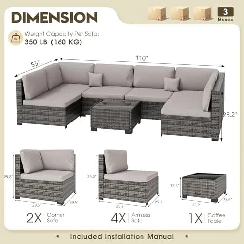 LHBcraft 7 Piece Patio Outdoor Furniture Set | All-Weather Wicker Sectional with Grey Cushions & Glass Coffee Table thumbnail 6