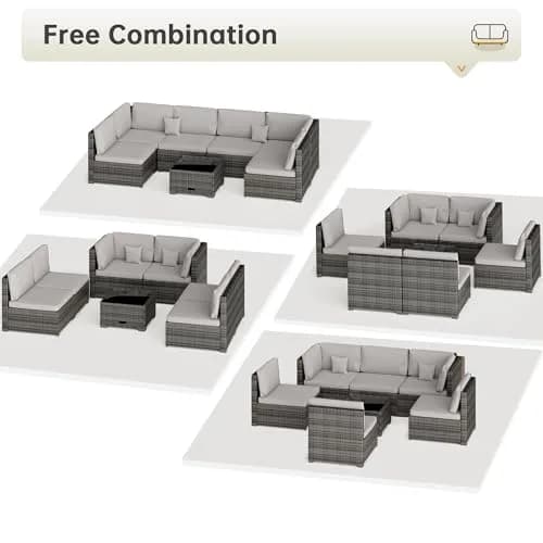 LHBcraft 7 Piece Patio Outdoor Furniture Set | All-Weather Wicker Sectional with Grey Cushions & Glass Coffee Table thumbnail 7