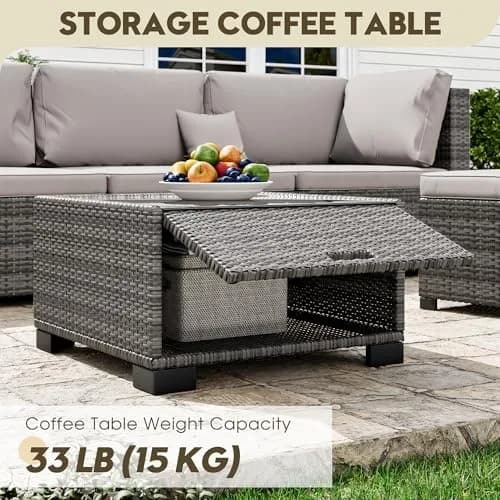 LHBcraft 7 Piece Patio Outdoor Furniture Set | All-Weather Wicker Sectional with Grey Cushions & Glass Coffee Table thumbnail 3