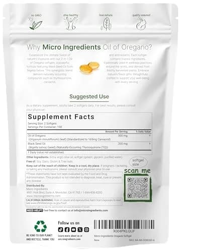 Micro Ingredients Oil of Oregano with Black Seed Oil Softgels 300 Count (150 Servings) | Potent 2-in-1 Complex with 4X Carvacrol thumbnail 7
