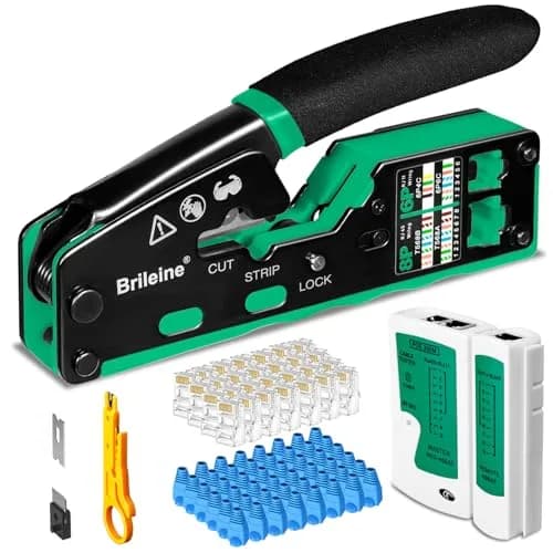 Brileine RJ45 Crimp Tool Pass Through Kit Ethernet Crimper Cat5 Cat5e Cat6 with Network Cable Tester & 100 Connectors (Green) thumbnail 1