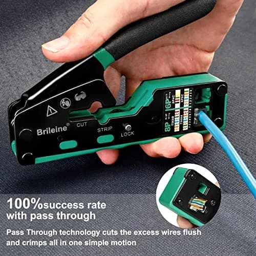 Brileine RJ45 Crimp Tool Pass Through Kit Ethernet Crimper Cat5 Cat5e Cat6 with Network Cable Tester & 100 Connectors (Green) thumbnail 4