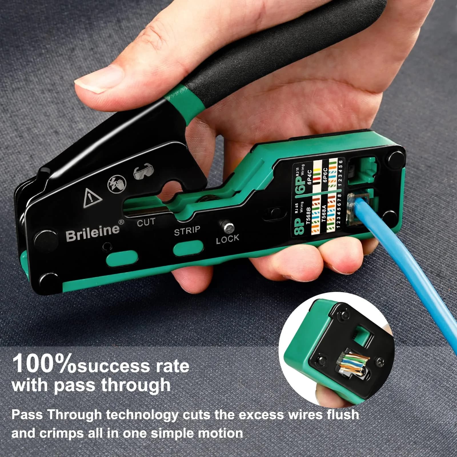 Brileine RJ45 Crimp Tool Pass Through Kit Ethernet Crimper Cat5 Cat5e Cat6 with Network Cable Tester & 100 Connectors (Green) - view 4