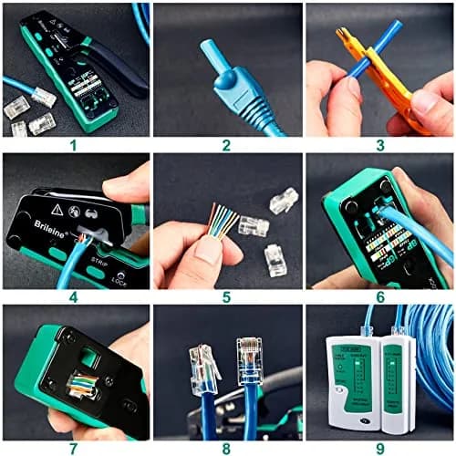 Brileine RJ45 Crimp Tool Pass Through Kit Ethernet Crimper Cat5 Cat5e Cat6 with Network Cable Tester & 100 Connectors (Green) thumbnail 6