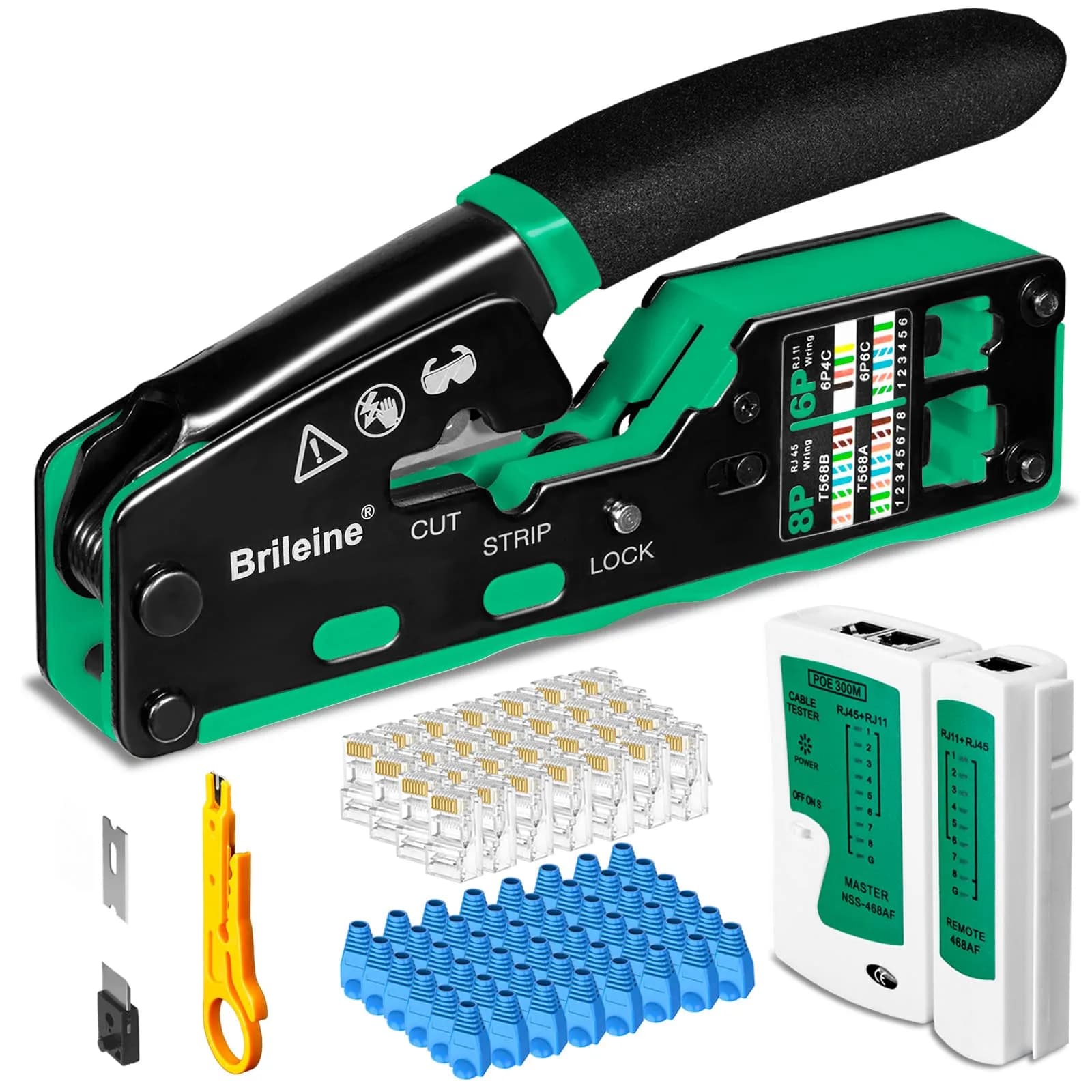Brileine RJ45 Crimp Tool Pass Through Kit Ethernet Crimper Cat5 Cat5e Cat6 with Network Cable Tester & 100 Connectors (Green) - main product image