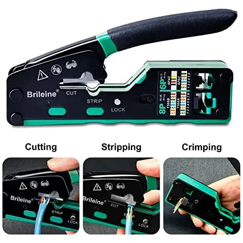Brileine RJ45 Crimp Tool Pass Through Kit Ethernet Crimper Cat5 Cat5e Cat6 with Network Cable Tester & 100 Connectors (Green) thumbnail 2