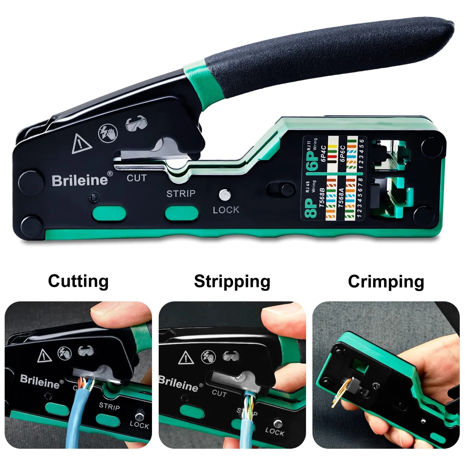Brileine RJ45 Crimp Tool Pass Through Kit Ethernet Crimper Cat5 Cat5e Cat6 with Network Cable Tester & 100 Connectors (Green) - view 2